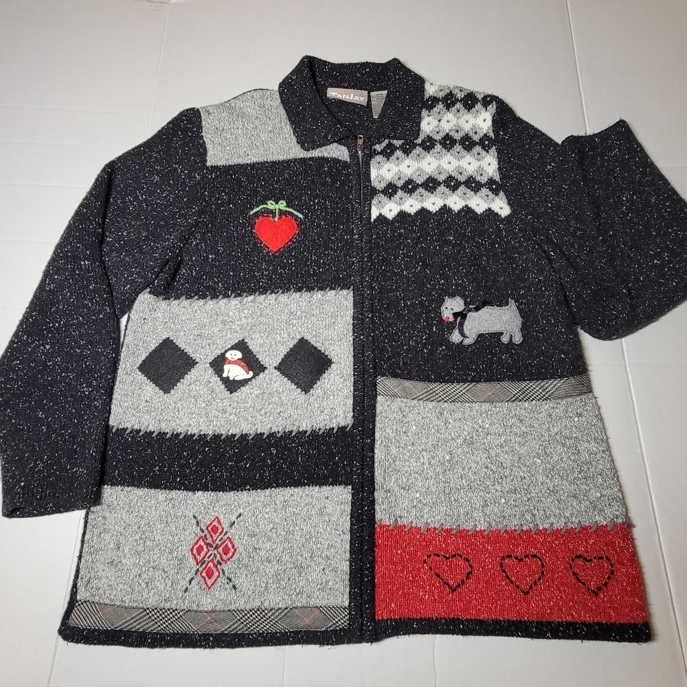 TanJay‎ Patchwork Scotty Dog Zipper Cardigan Sweater Medium Black Gray Red Heart